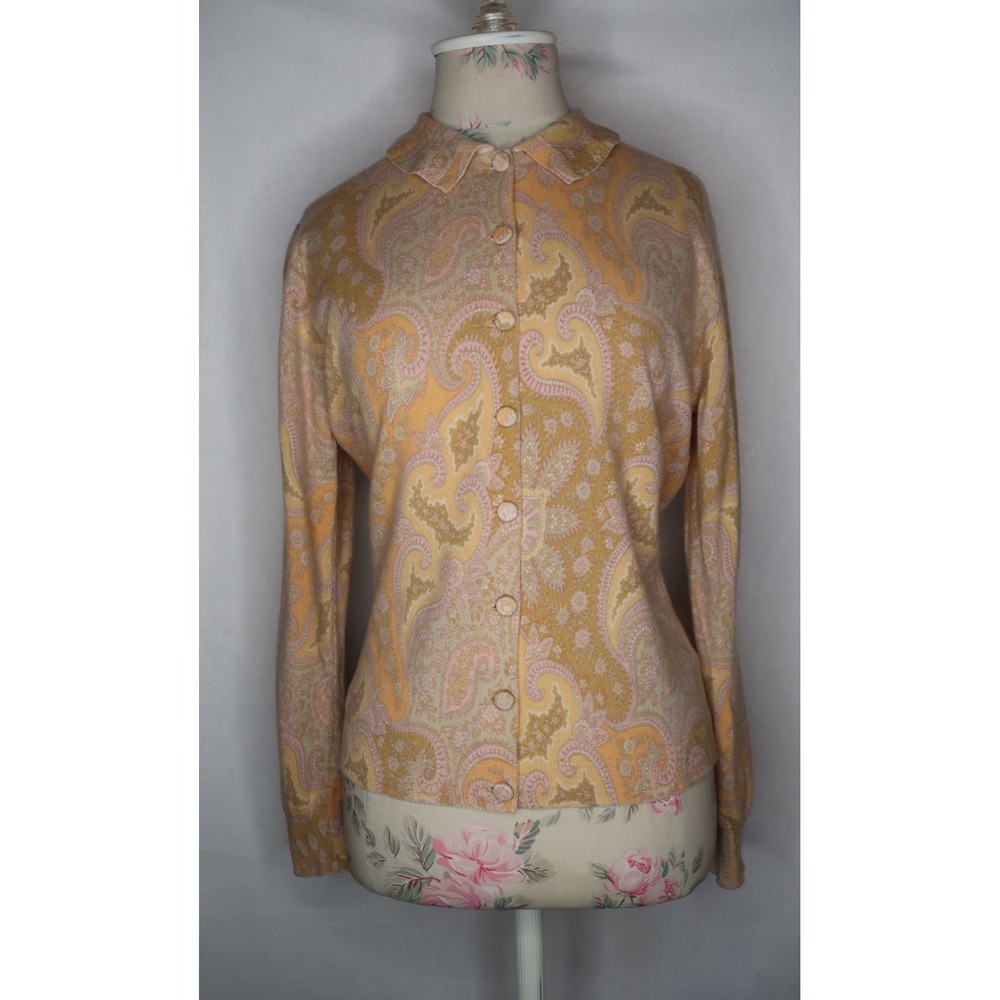 Vintage Pringle Scotland Handprinted Paisley Cashmere Cardigan Womens M